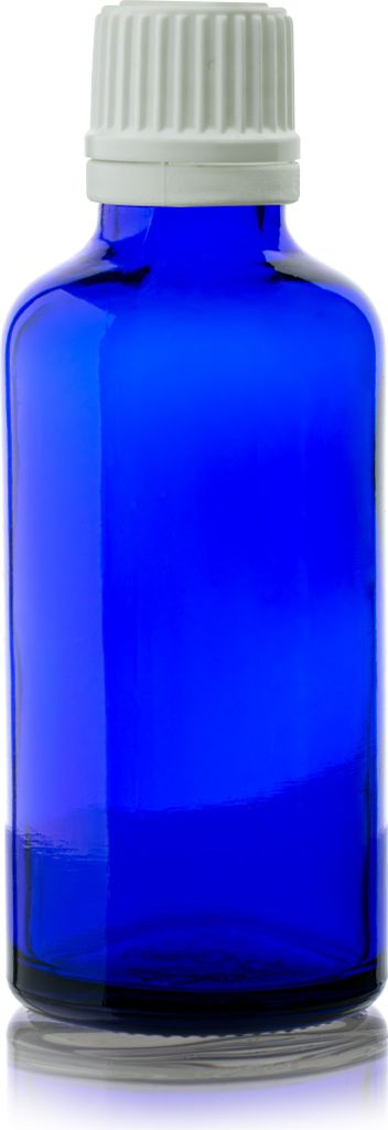 Blaue Glasflasche 50 ml mit weißem Tropfer, Gewinde 18/415