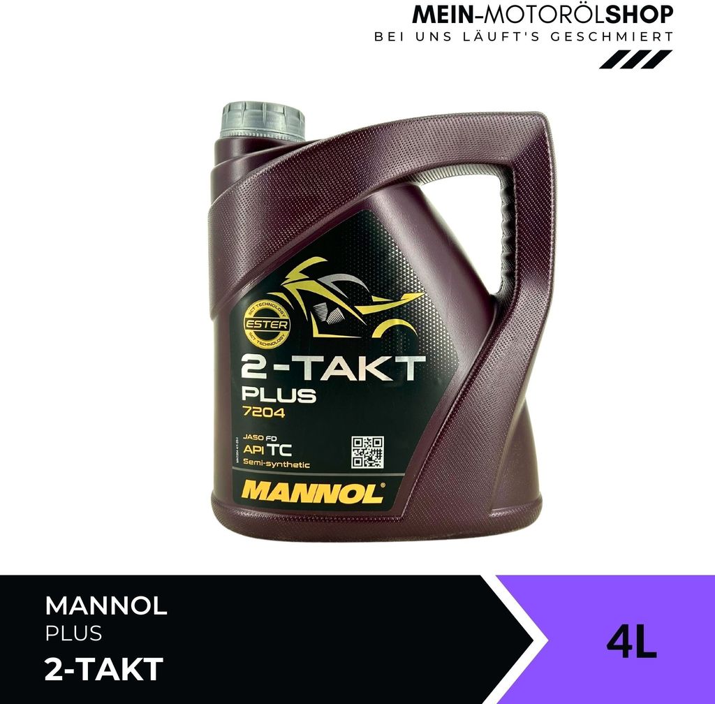 A bottle of Mannol 2-Takt Plus oil is shown against a white background. Text and logos are present on the bottle and in the upper and lower sections of the image.