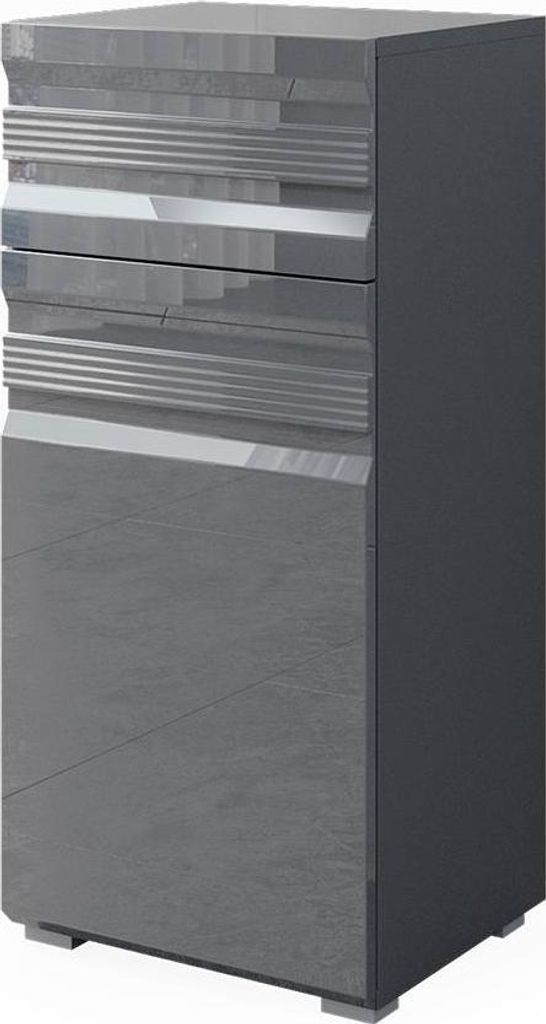 A tall, narrow cabinet with a high-gloss anthracite finish and horizontal grooved drawer fronts, shown against a white background.