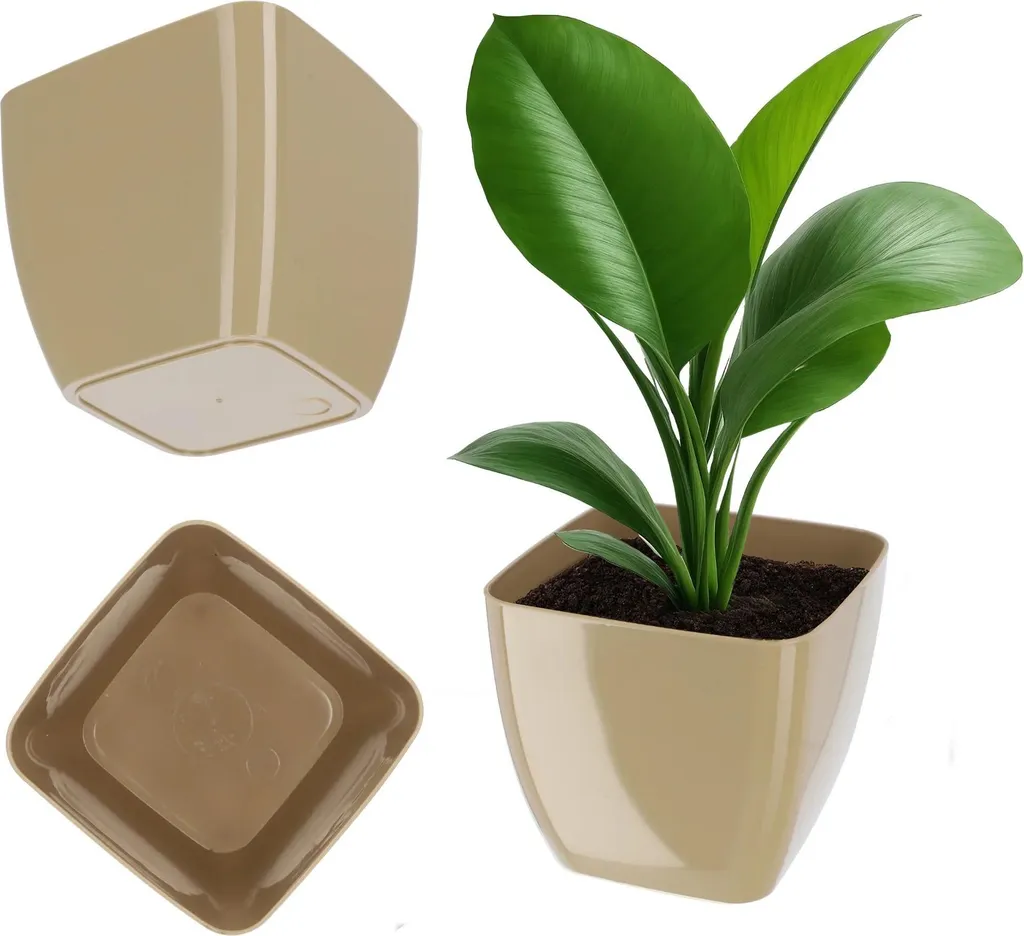 Pot de fleurs beige de forme carrée 12 cm idéal pour petite plante verte