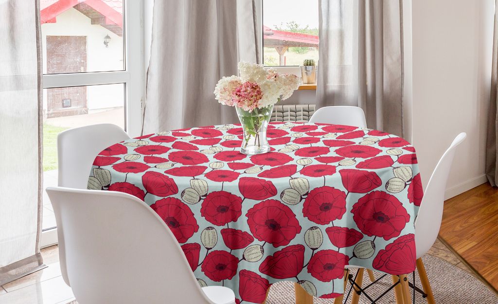 ABAKUHAUS Blumen Runde Tischdecke, Mohnblumen-Blumen und Knospen Kunst, Kreis Tischdecke Abdeckung für Esszimmer Küche Dekoration, 150 cm, Dunkle...