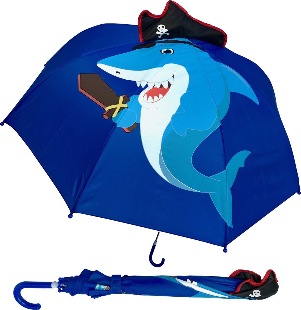 HECKBO Kinder Regenschirm Shark | Hai mit Piratenmütze, Schwert und scharfen Zähnen + Schatzinsel & Piratenschiff | Kinder Regenschirm oder Sonne...