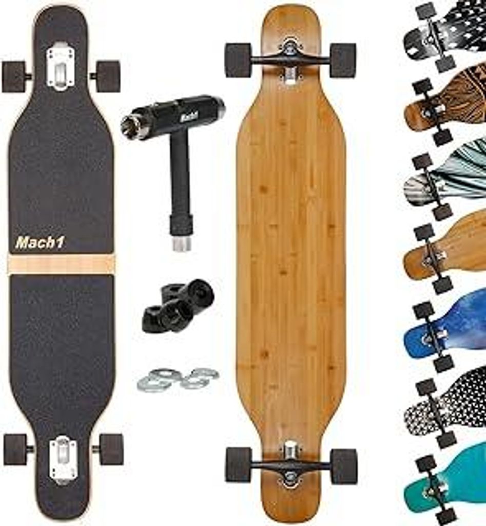 Mach1 Bambus Longboard mit Keramik Kugellager + T-Tool - Skateboard Drop Through Camber Cruiser Komplettboard
