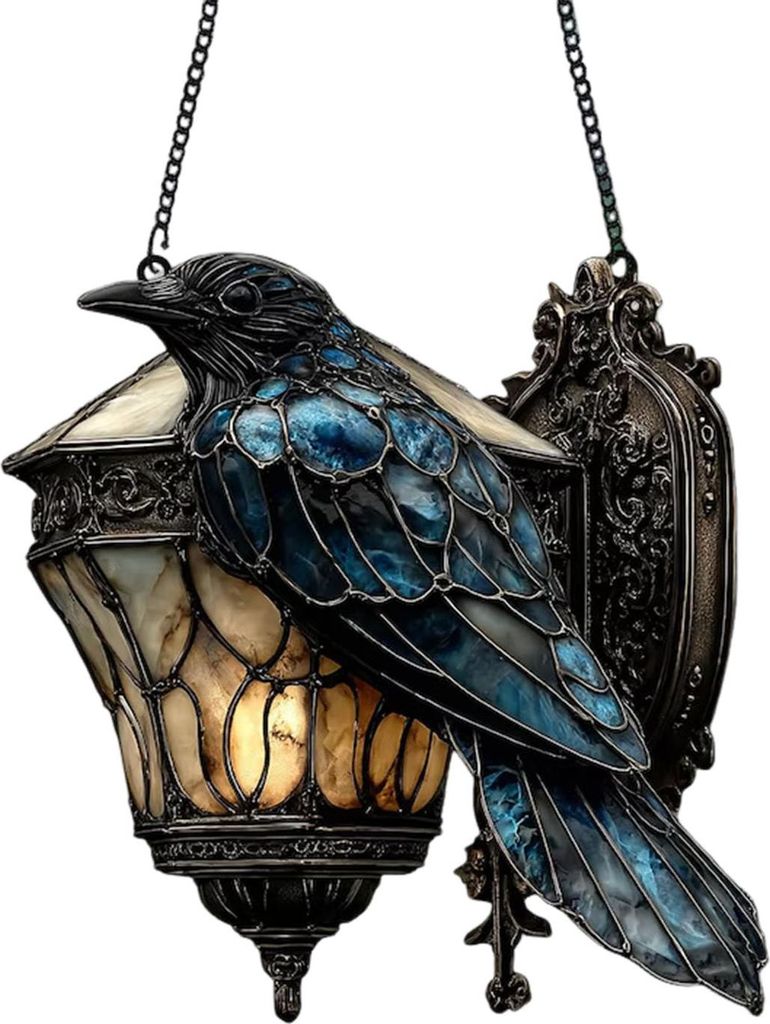 Rabe auf Laterne, Acryl-Sonnenfänger, Kunstglas, Fenster-Wandbehang, Ornament, Gothic-Krähe auf Lampe, Halloween-Dekor für Dark Academia, Heimde...