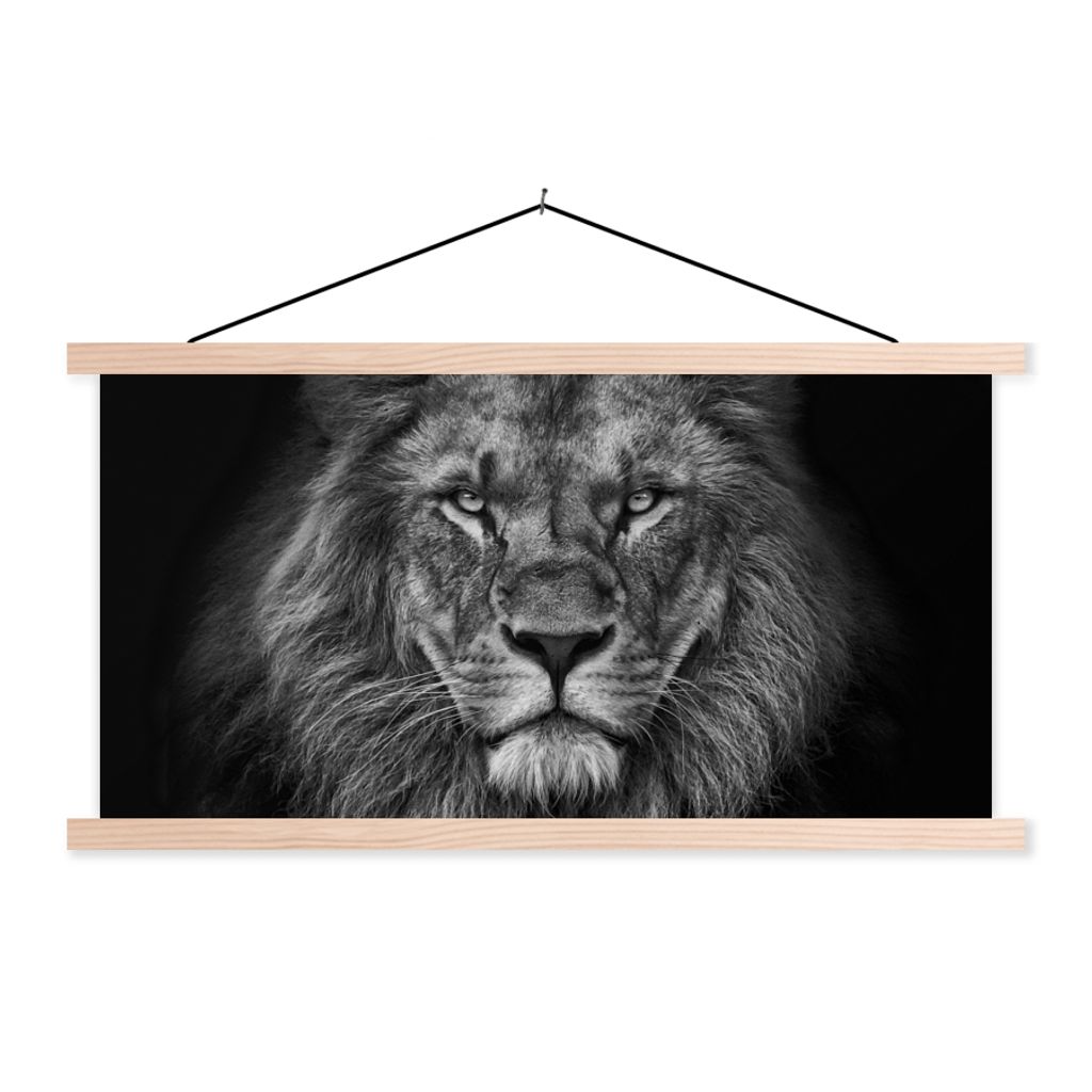 MuchoWow Textilposter Löwe - Tiere - Schwarz - Weiß 120x60 cm mit holzfarbenen Rahmen - Klemmleiste