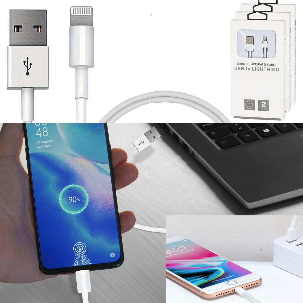 Ladekabel USB to Lightning 2 m 3er Set 5V 2A 10Watt 100-200HZ Kunststoff weiß Datenkabel Ladekabel USB-Kabel
