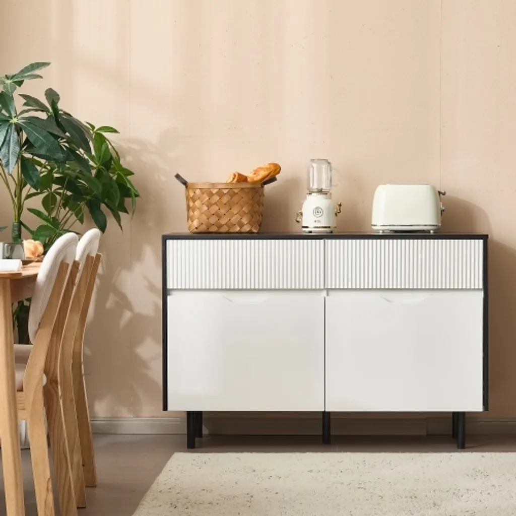 AIORBER Buffet Blanc 120x40x80cm avec 2 Tiroirs et Design Oxford Rainuré