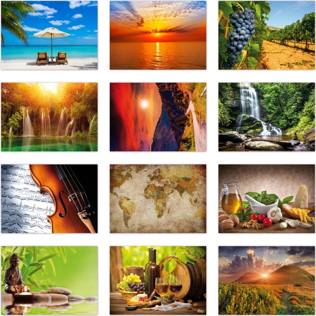 12 Stück Postkarten MIX - Set aus verschiedenen Motiven mit Natur, Wellness, Weltkarte, Küche, siehe Abbildung - Format: DIN A6 ( PKT-008 )