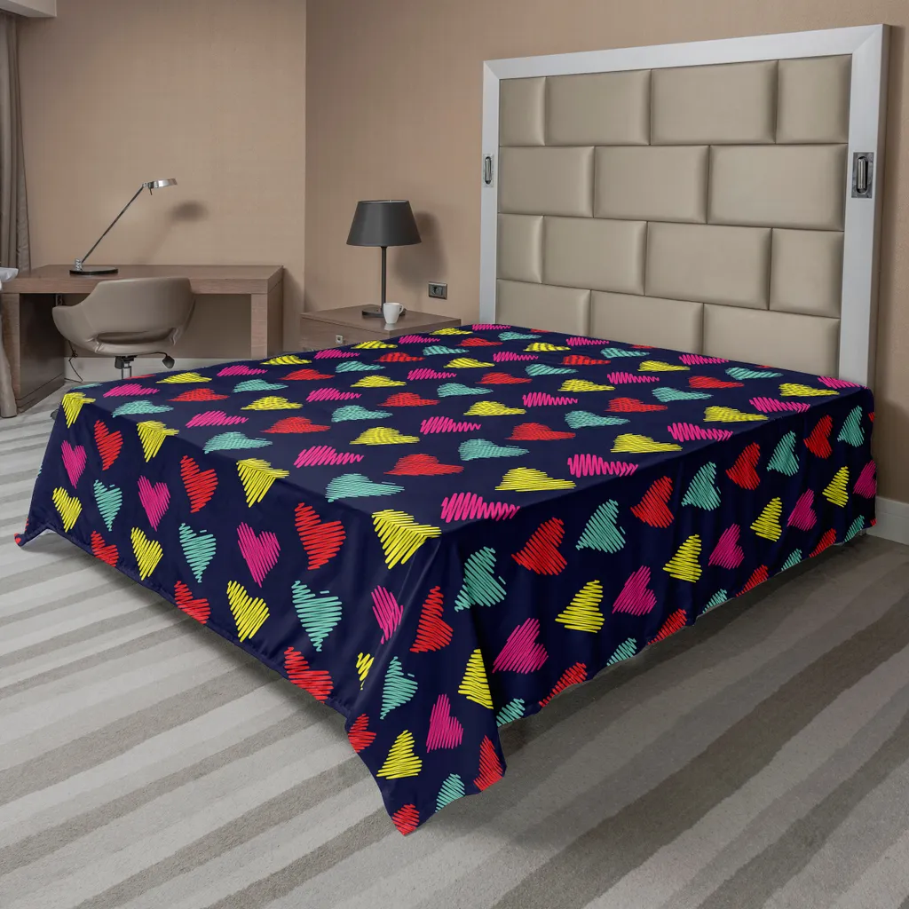Décoration de Lit Romantique : Drap Plat Thème Cœur 260x228 cm Multicolore