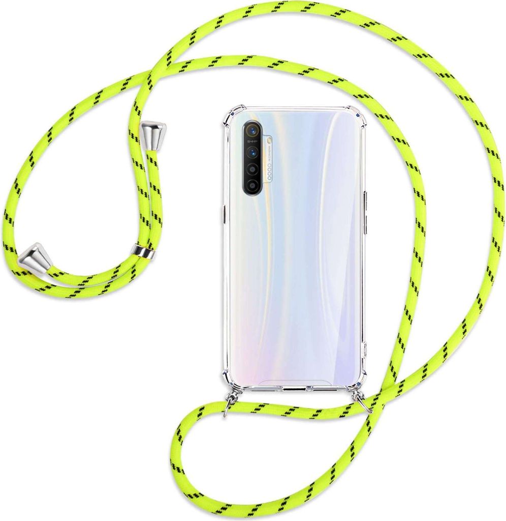 Handykette Backcover-Schutzhülle mit Band (Metall silberfarben) für Realme XT / XT 730G / X2 - neongelb
