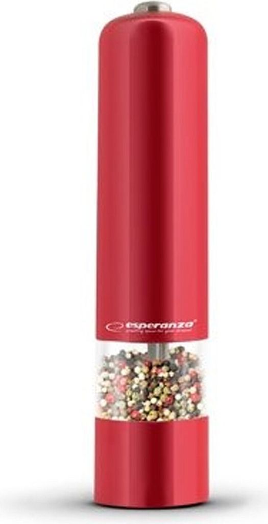 A red electric pepper grinder filled with peppercorns.