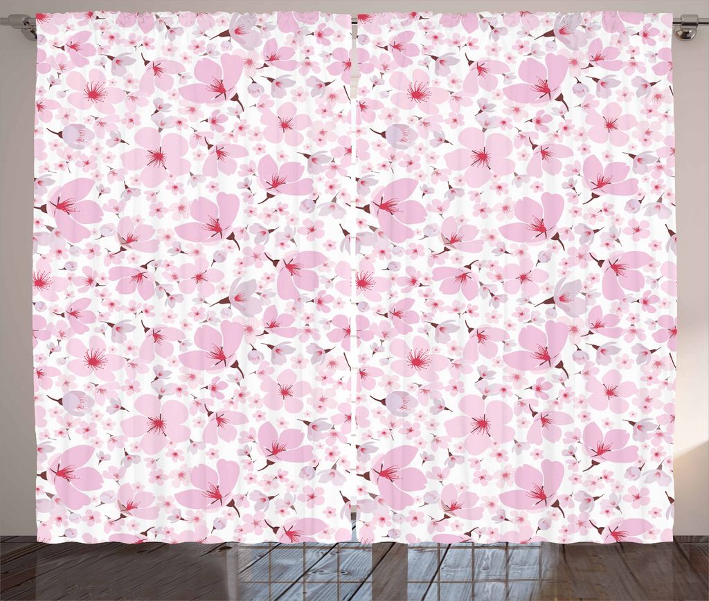ABAKUHAUS Pink und Weiß Rustikaler Vorhang, Japanese Blossom, Wohnzimmer Universalband Gardinen mit Schlaufen und Haken, 280 x 175 cm, Rose Burgun...