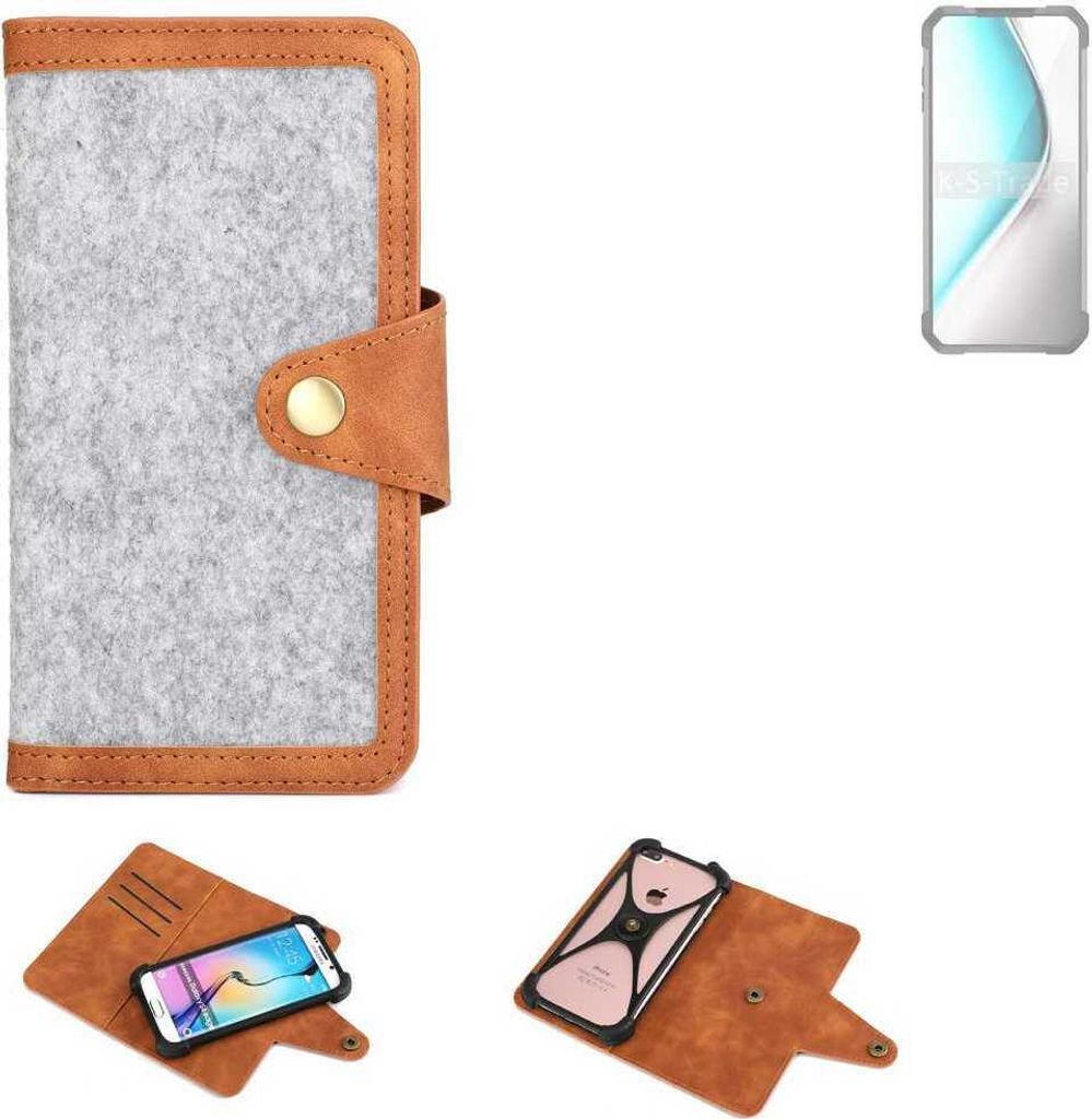 K-S-Trade Handyhülle kompatibel mit Unihertz 8849 Tank 2 Schutzhülle Filz-Hülle Kunst-Leder hellgrau braun (1x)