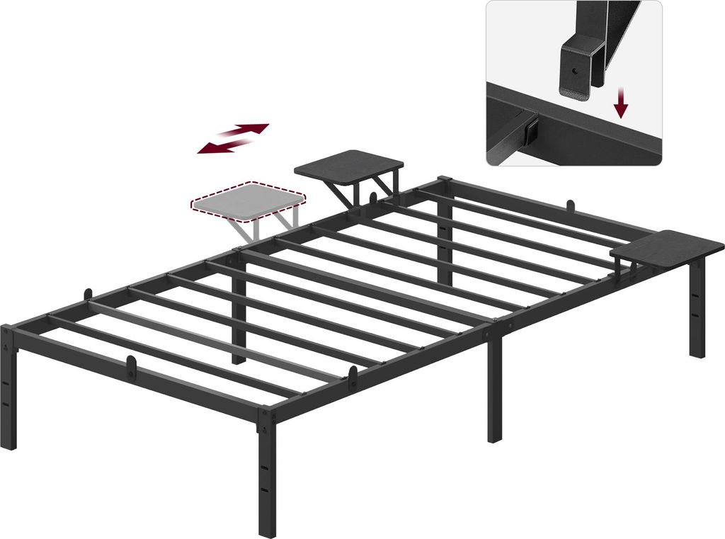 A bed frame with attachable side tables.