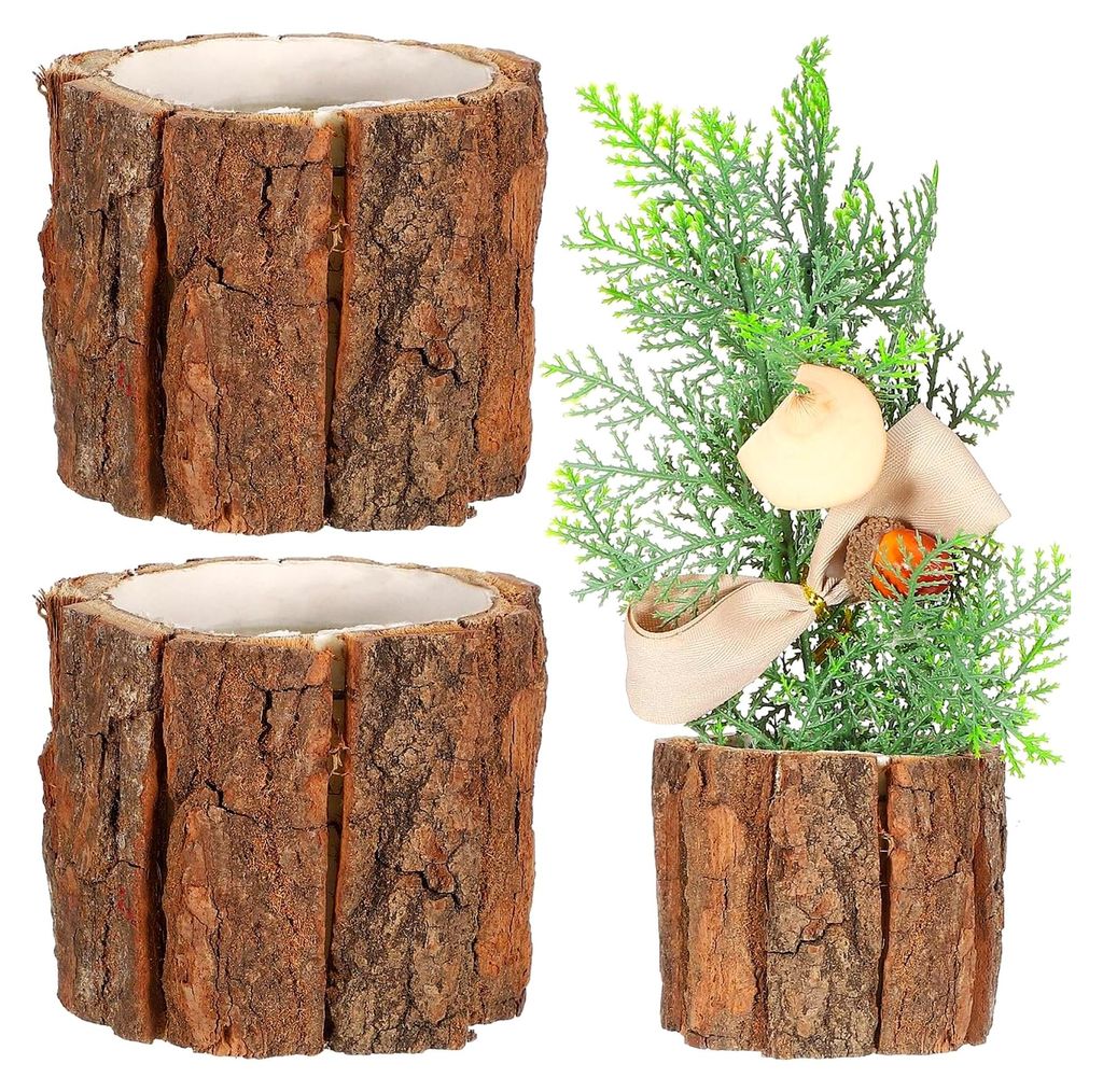 Holzrinden Blumentopf 3.54X3.54X3.15In Wetterfester Pflanzkübel Bauernhaus Stil Für Innen Und Außen Garten Dekoration