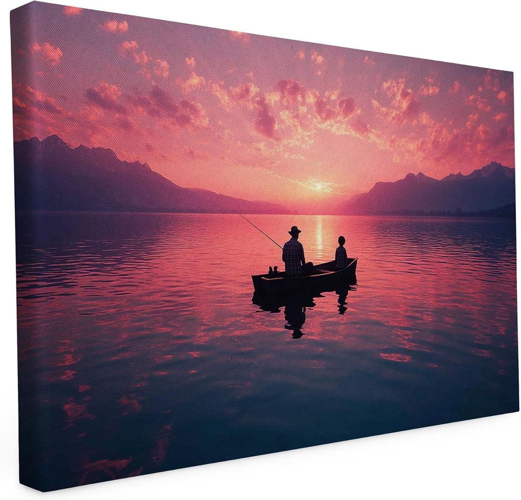 Keilrahmen bedruckt - See - Angler - Sonnenuntergang - 20x30 cm - Wandbild auf Künstler Leinwand – matter hochwertiger Kunstdruck - 2cm Holzrahmen