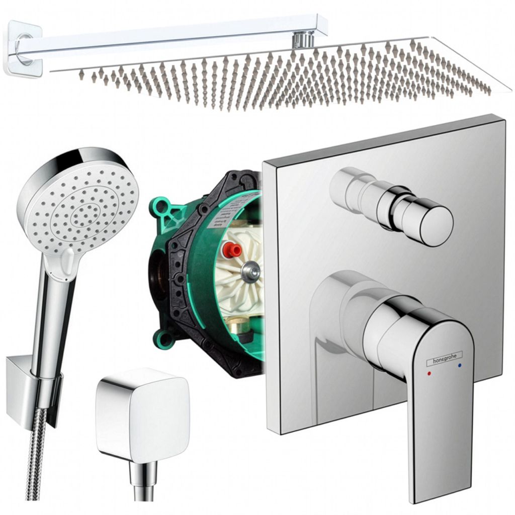 A collage of shower system components, including a shower head, shower arm, shower valve, and internal valve body.