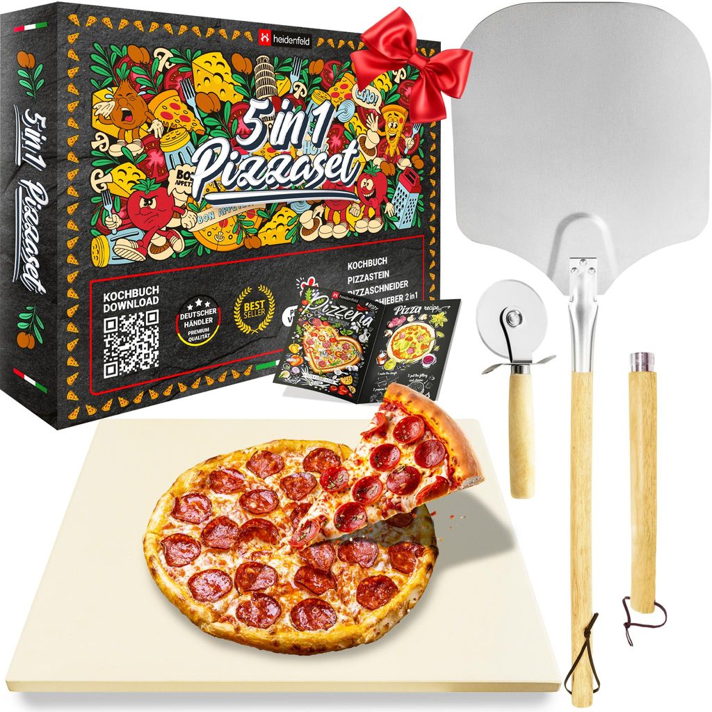 Heidenfeld 5in1 Pizza-Set | Pizzastein für Backofen, Gasgrill, Holzkohlegrill - 2in1 Pizzaschieber - Pizzaschneider - Holzgriffe - Pizza-Zubehör