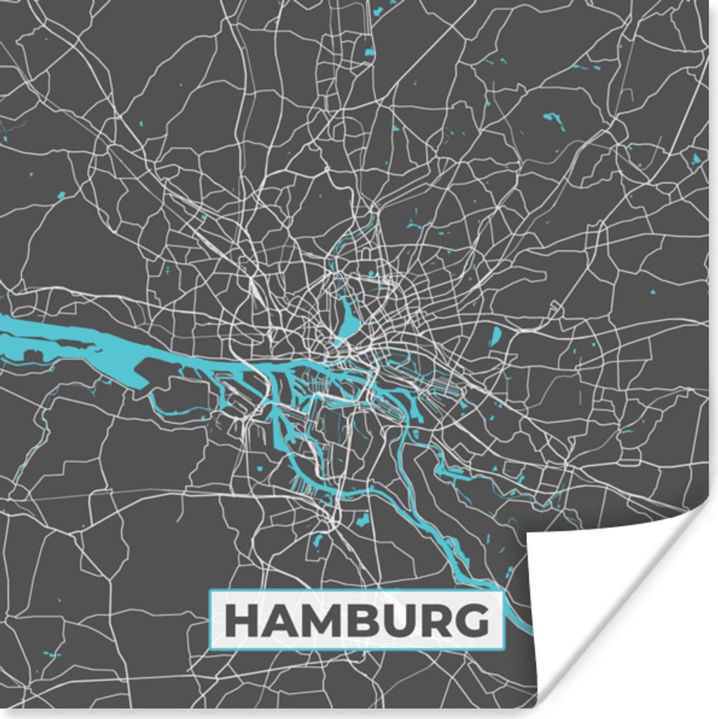 MuchoWow Poster Stadtplan - Hamburg - Deutschland - Karte 100x100 cm - Babyzimmer