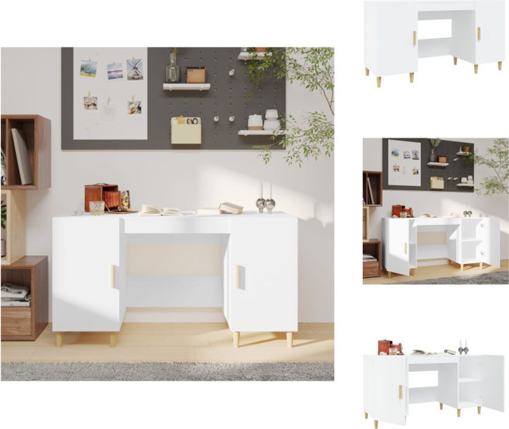 A collage of images showing a white desk with wooden legs, displayed in different angles and contexts.