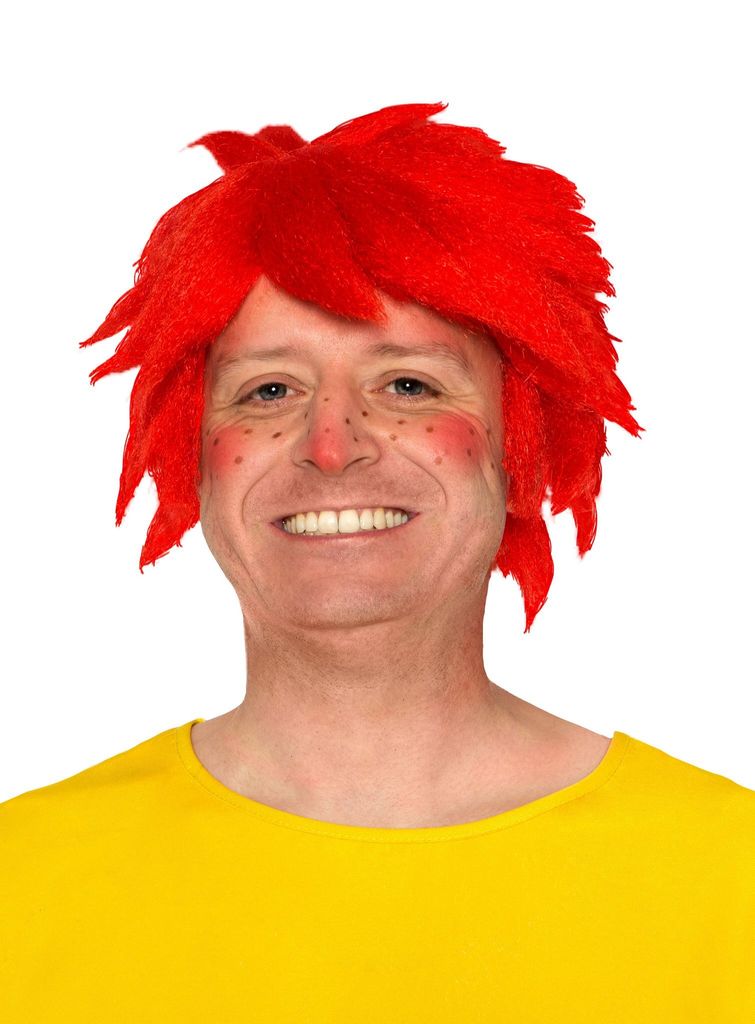 A man wearing a red wig and a yellow shirt against a white background.