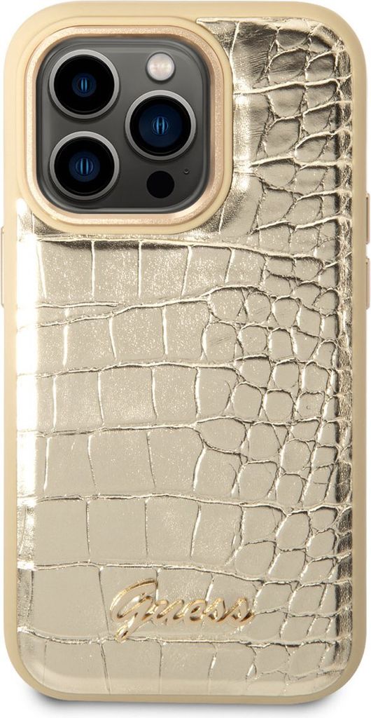 Guess iPhone 14 Pro Hardcase Backcover - Croco - Metal Buttons & Camera - Gold