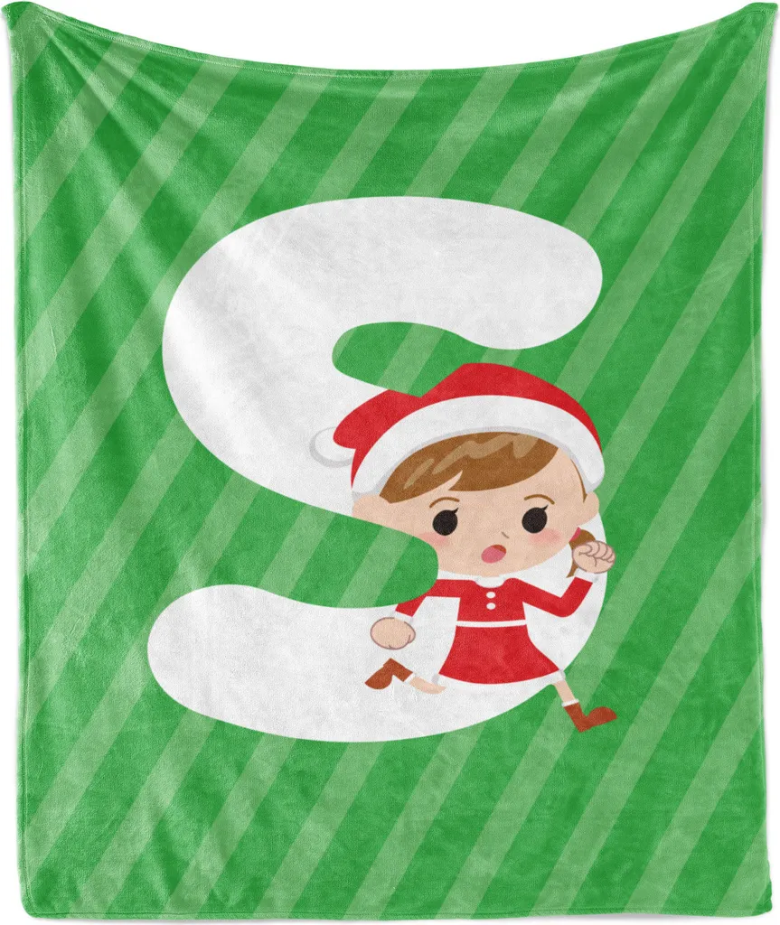 ABAKUHAUS Alfabeto natalizio Morbida coperta in flanella e pile, motivo con una bambina e la lettera S su sfondo a righe, 175 x 230 cm, verde scuro, corallo, bianco