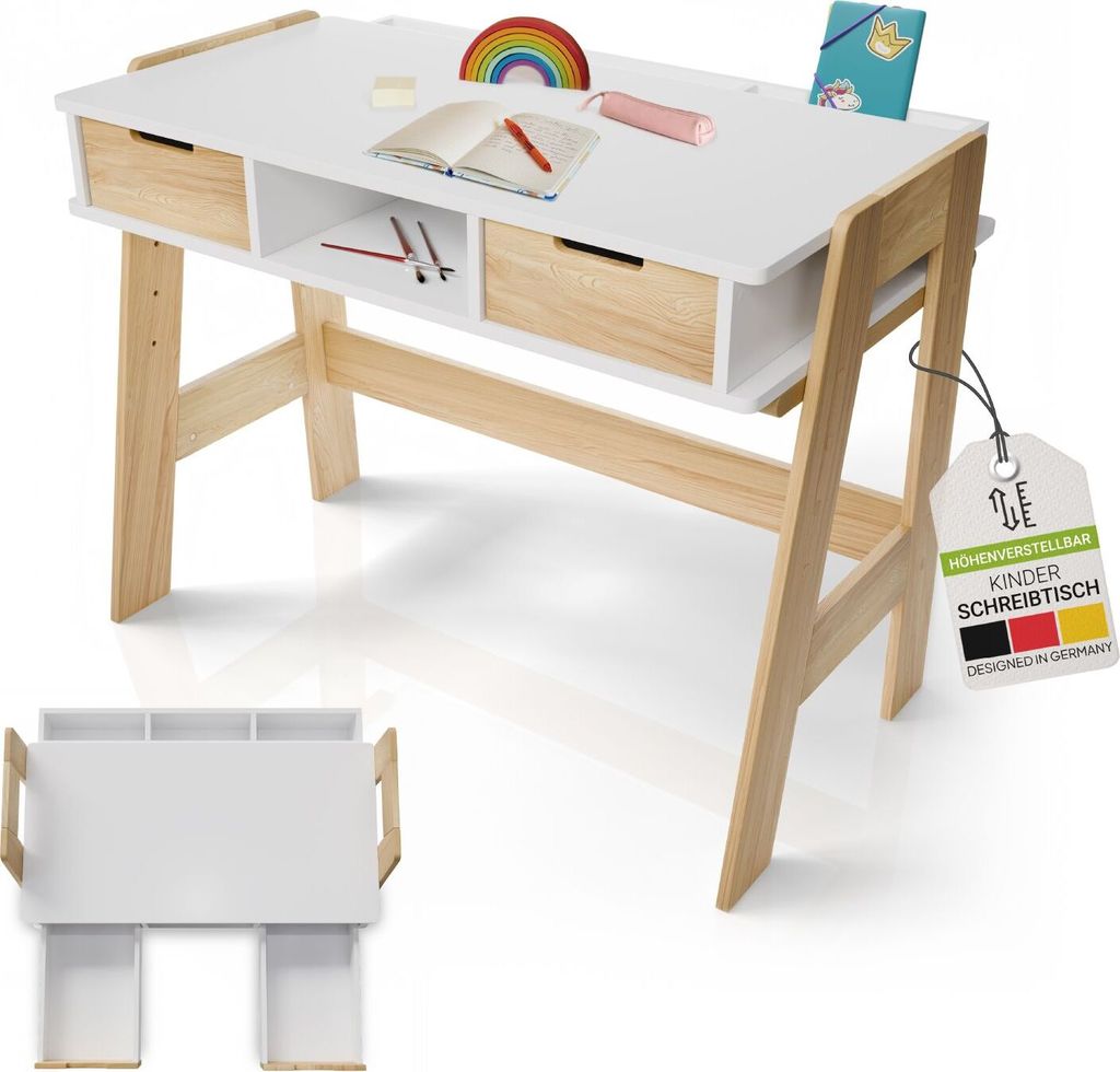 Juskys Kinder Schreibtisch Fietje - Höhenverstellbarer Kinderschreibtisch aus Holz, 2 Schubladen