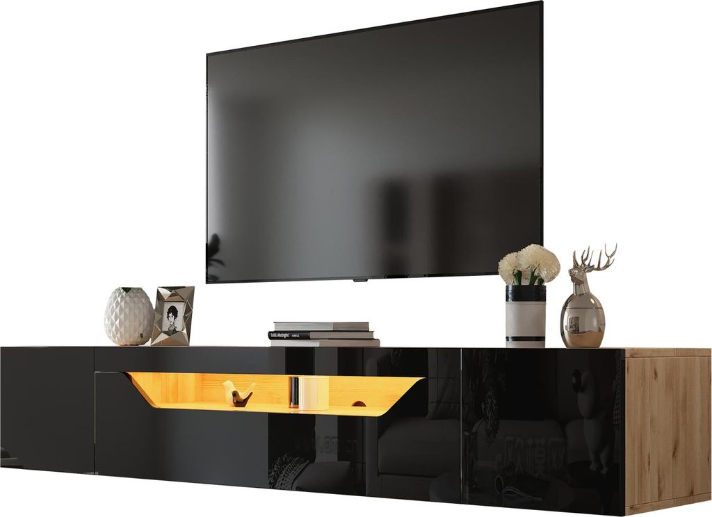 Hängender TV-Schrank mit LED-Beleuchtung - Mit Klapptür - 180 cm Wandregal - Schwarz