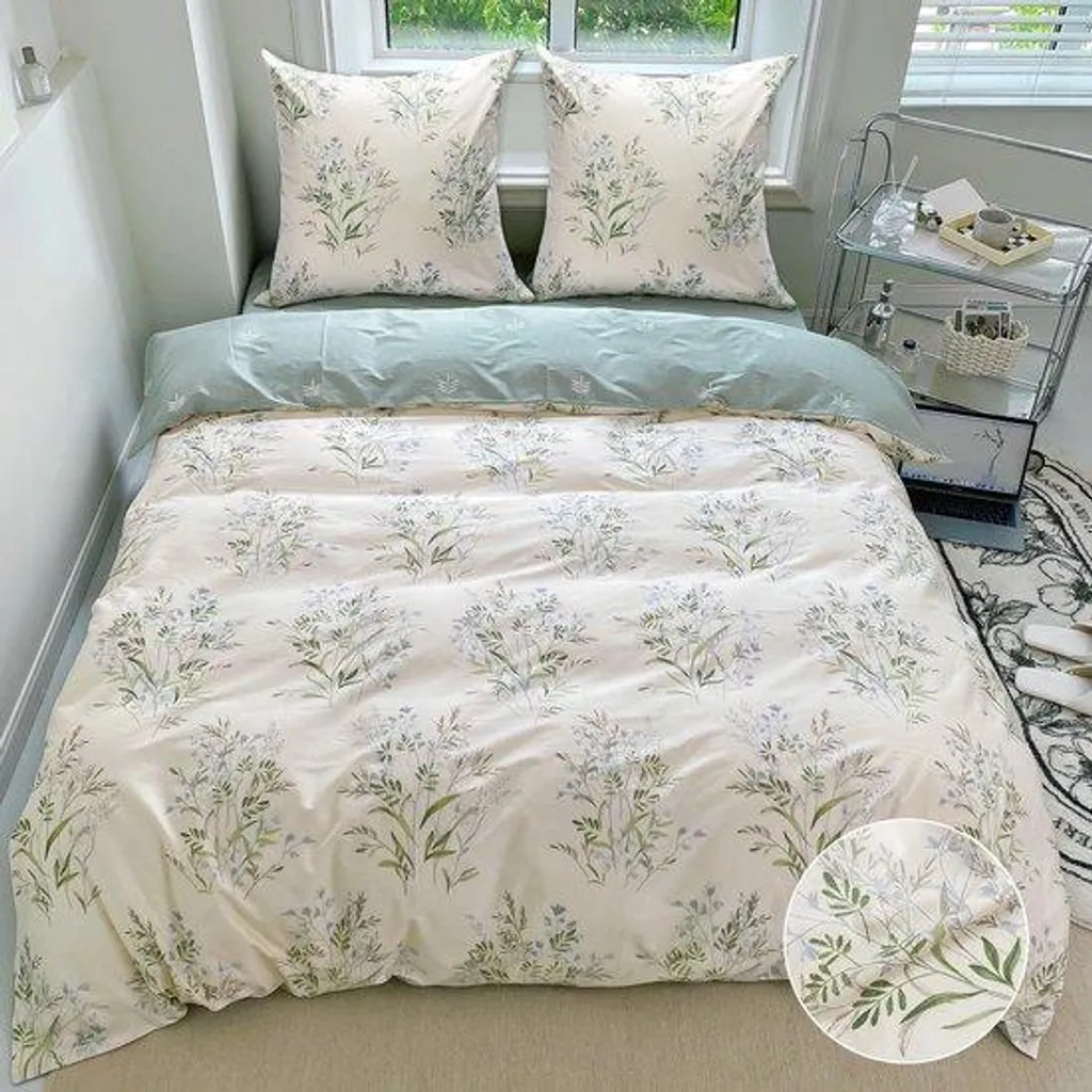 Housse de couette 135x200 cm coton motif floral vert avec taie d'oreiller