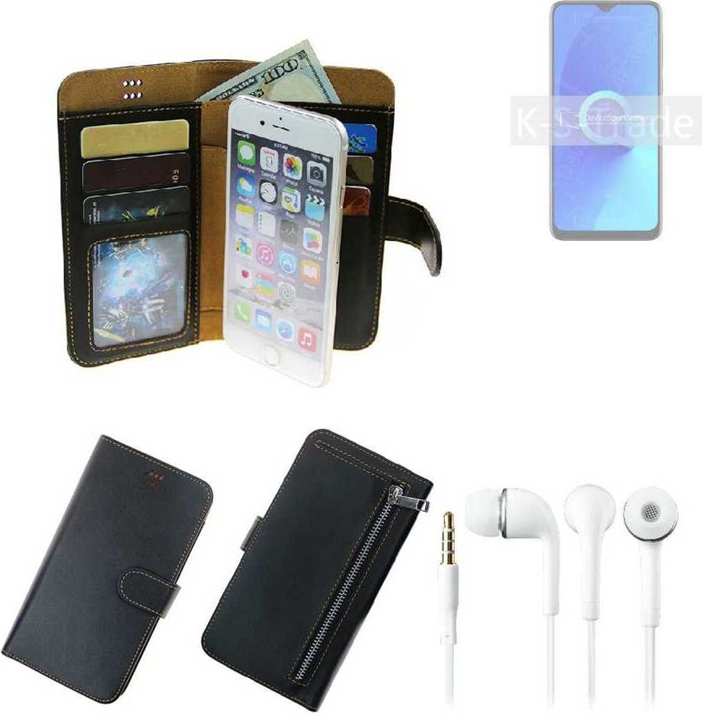 TOP SET Handy Hülle Schutz Hülle kompatibel mit Alcatel 3L schwarz aus Kunstleder + Kopfhörer Smartphone Tasche vollwertige Geldbörse