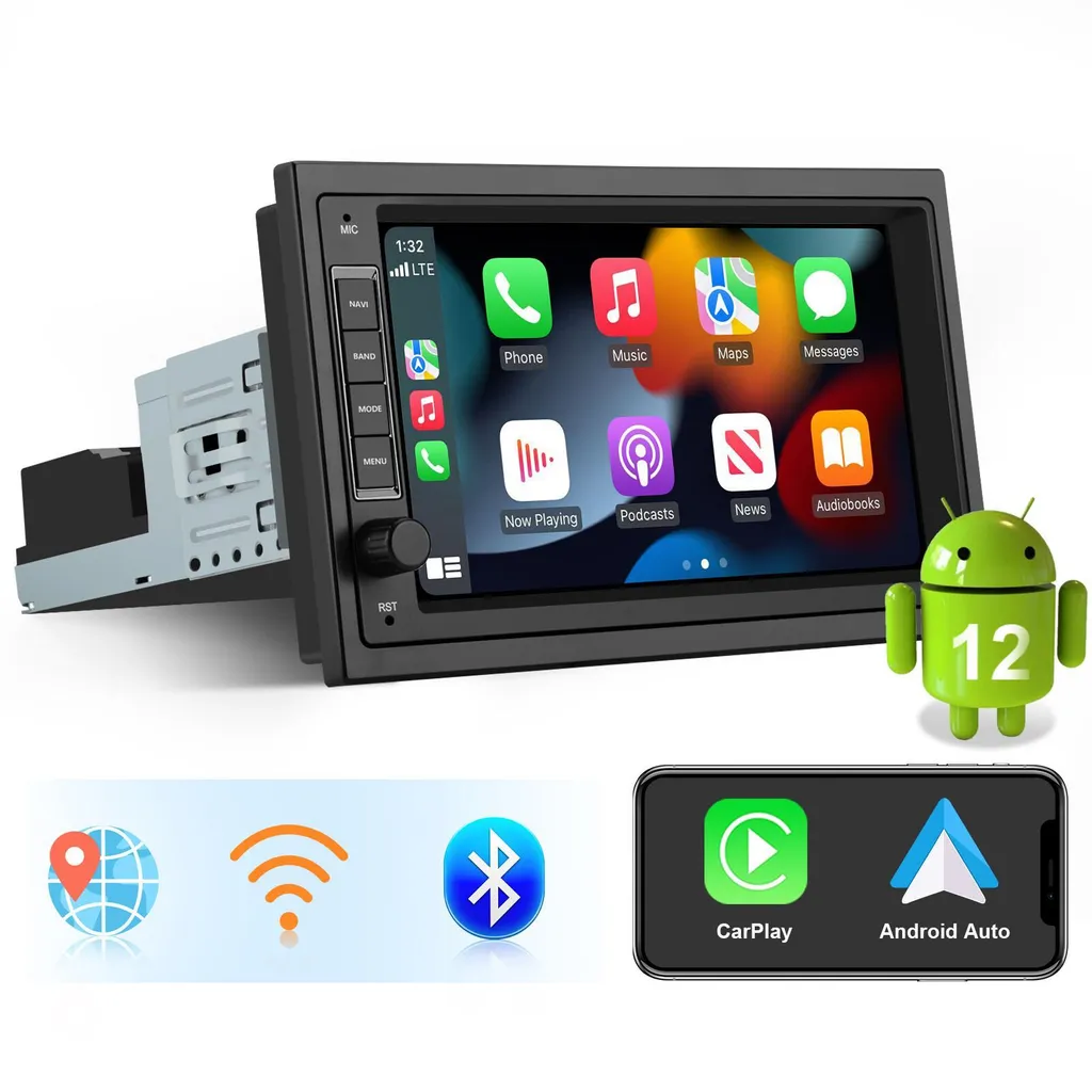 Autoradio Android 13 1 DIN avec CarPlay sans fil, GPS et écran 7 pouces