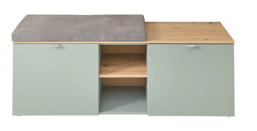 Banc à chaussures en MDF Bari vert roseau avec assise large de 128 cm