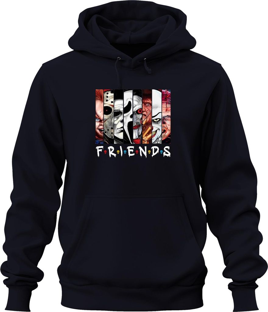 FRIENDS Horror Ikonen Jason Michael Pennywise Freddy Chucky Kult Uni Hoodie Kapuzenpullover, Navy, L