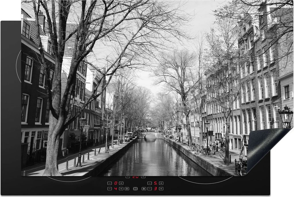 KitchenYeah Herdabdeckplatte Achterburgwal Amsterdam - Schwarz und Weiß , 81x52cm, Küche Deko, Glaskeramikkochfeld Herdabdeckung, Abdeckplatte ...