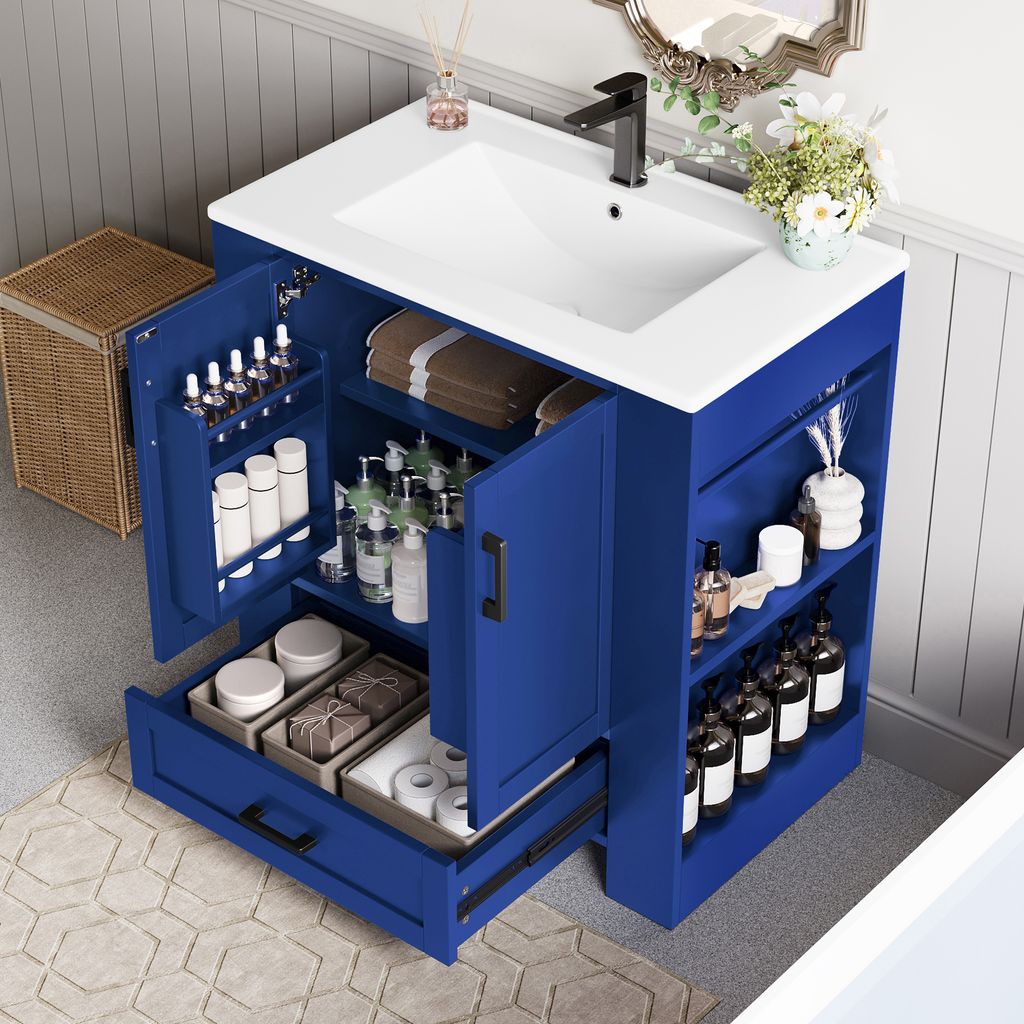 Flieks Waschbecken mit Unterschrank 76x46x78.5 cm, Badezimmerschrank Stehend, Waschtischunterschrank mit Keramikwaschbecken, blau