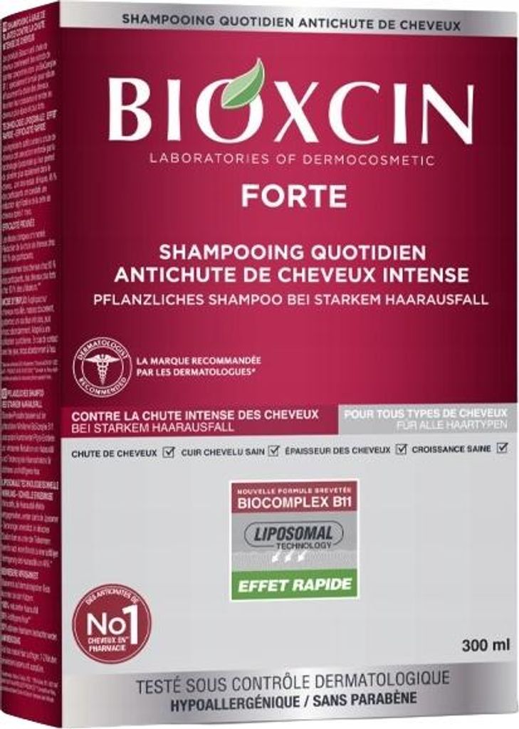 The image shows the front packaging of a Bioxcin Forte shampoo.