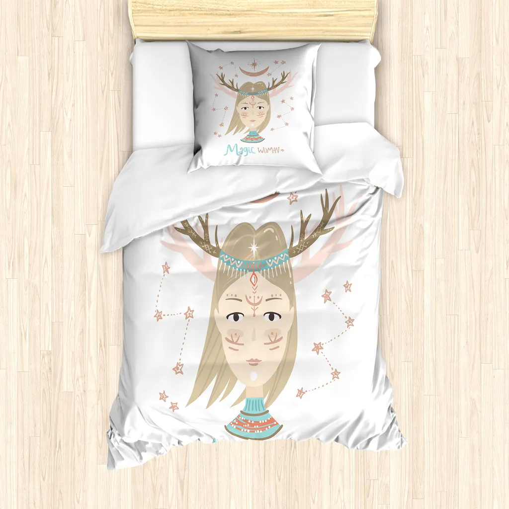 ABAKUHAUS Set copripiumino Magic Moon per letti singoli, Magic Woman Elk Horns, antiacaro, adatto a chi soffre di allergie, con federa, 135 cm x 200 cm - 80 x 80 cm, Tan Champagne