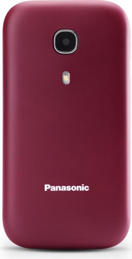 The back of a red Panasonic mobile phone is shown against a white background.