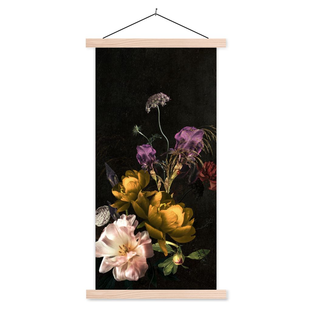 MuchoWow Textilposter Blumen - Muster - Pflanzen 60x120 cm mit holzfarbenen Rahmen - Holz