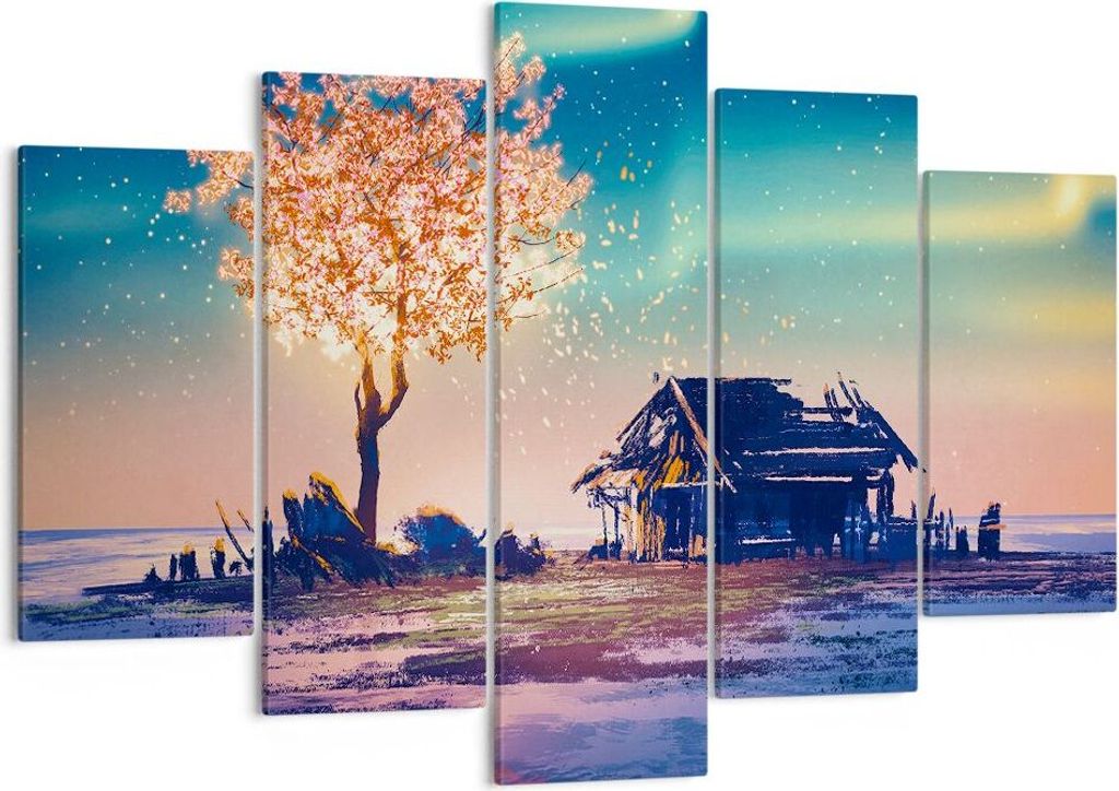 Bild auf Leinwand - Leinwandbild - Baum Haus Nacht Sterne - 150x100cm - Wand Bild - Wanddeko - Leinwanddruck - Bilder - Kunstdruck - Wanddekoration...