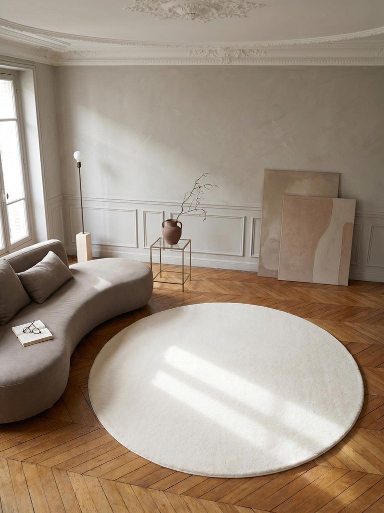 Kurzflorteppich Einfarbig Pflegeleicht Waschbar Strapazierfähig | Rund Creme 120x120 cm Wohnzimmer Fußbodenheizung | NECKAR – Kadima Design