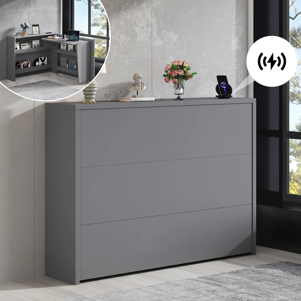 Flieks Bureau Pliable d'Angle Gris 115x27x93cm avec Charge Sans Fil Qi