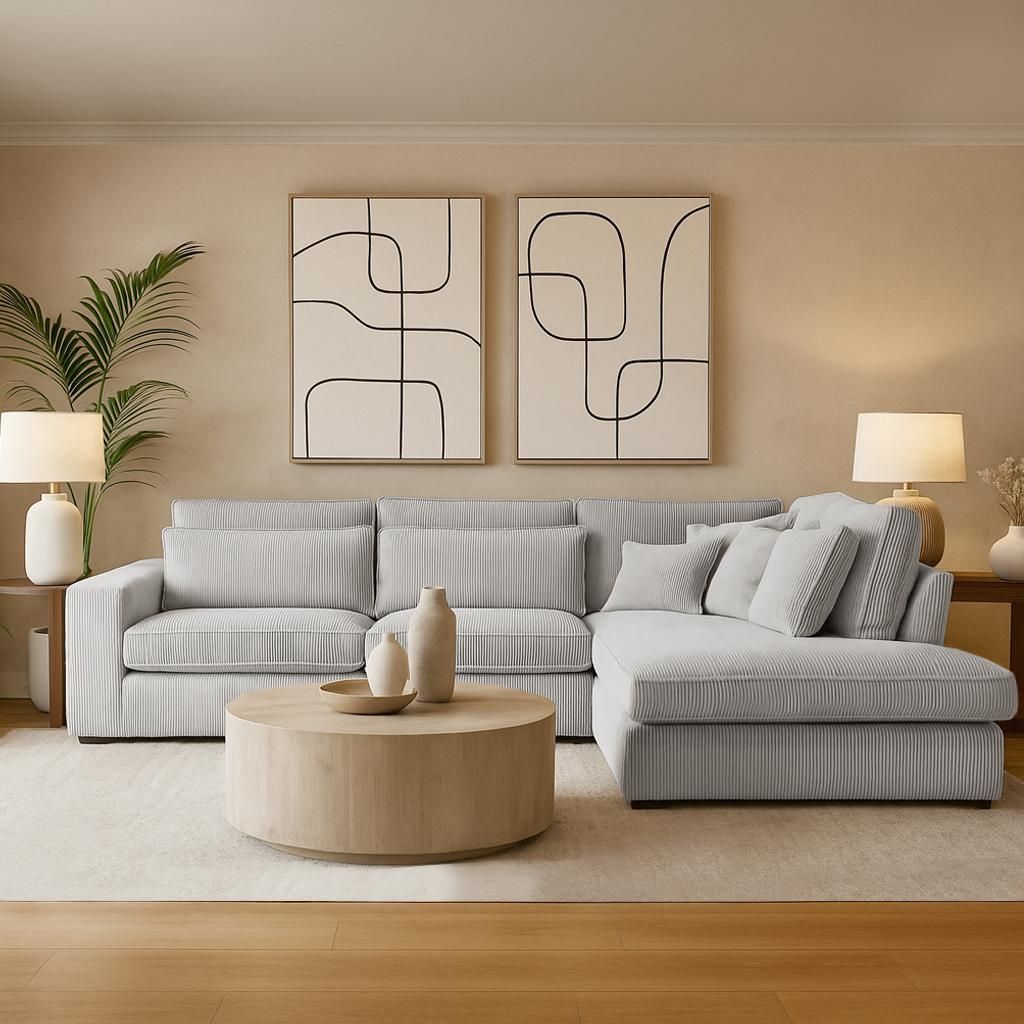 BEAUTYSOFA | Designer - Ecksofa PARMA, L-Form Eckcouch mit Ottomane rechts, Modernes Sofa Velours Soft Touch in Grau - Beige mit Kissen