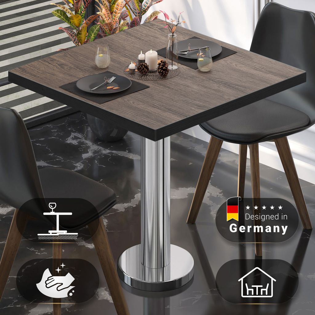 BML | Bistro Tisch | 70 x 70 x 74,5 cm | Quadratisch | Schwarzer Rand | Light Wenge / Edelstahl | Bistrotisch Gastro Tisch