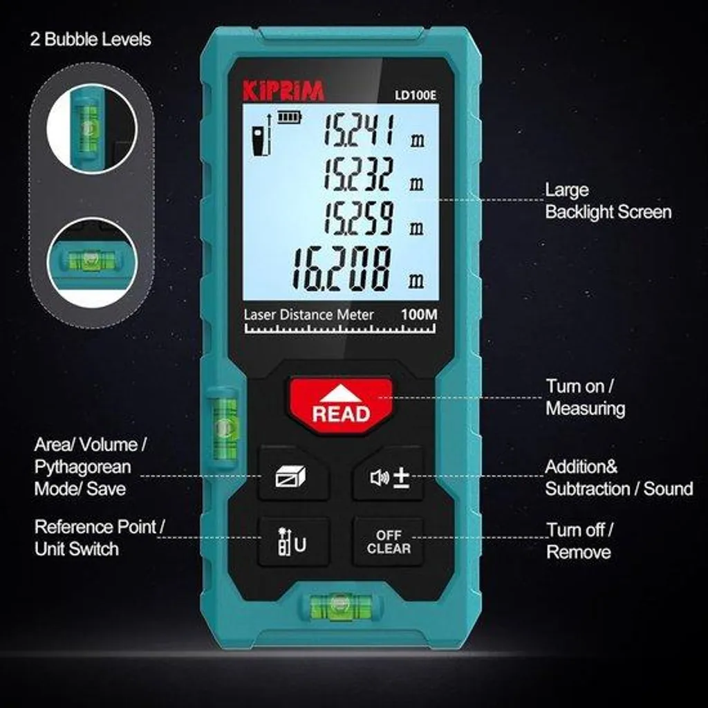 Télémètre laser étanche IP54 de 50 m - Double bulle et écran LCD