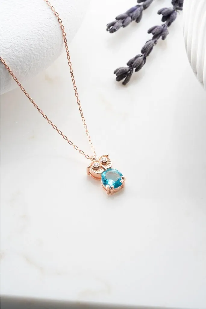 Collier Hibou en Argent 925 et Zircone Aquamarine - Bijou pour Femme