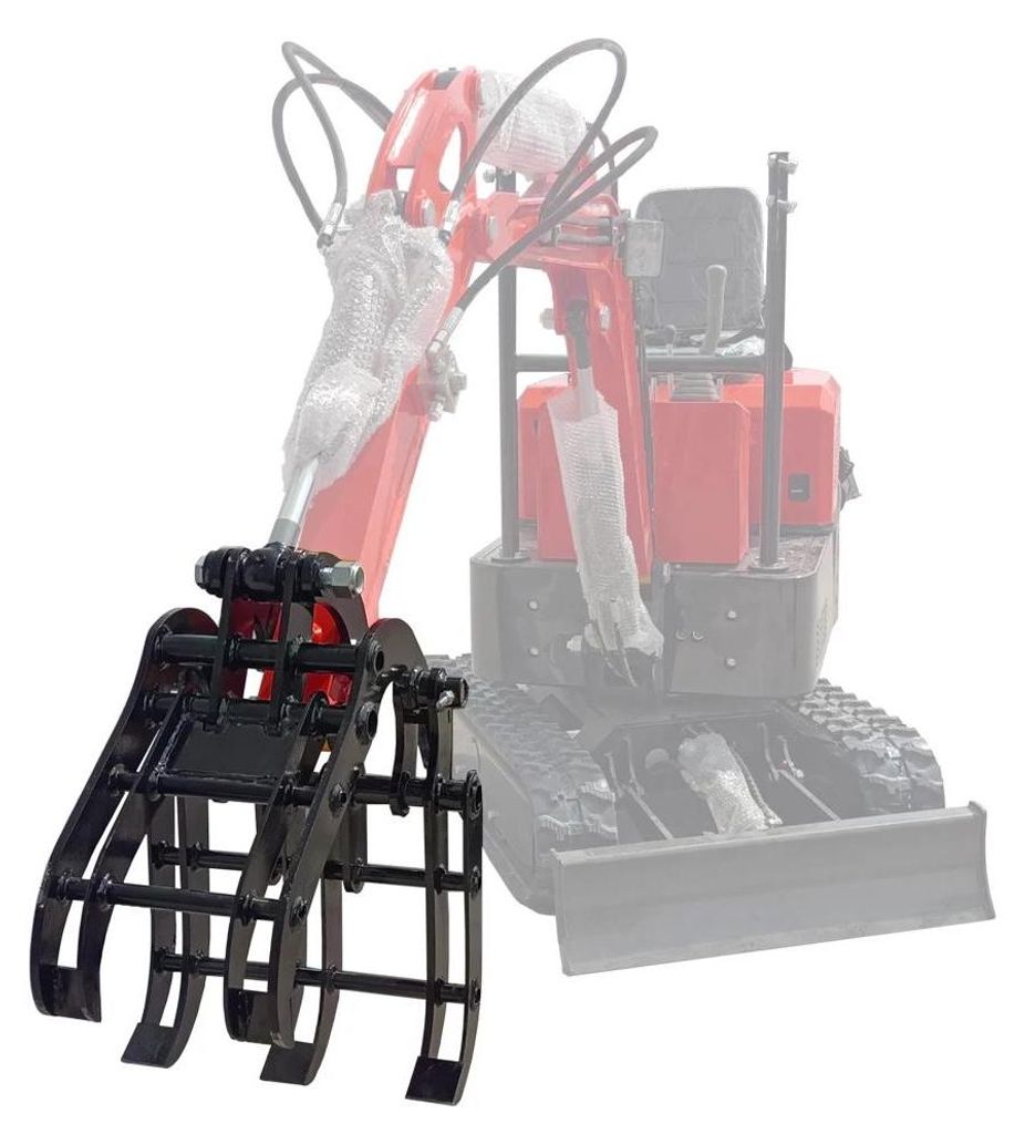 Minibagger Anbaugeräte - 8-teiliges Set - Schmaler Löffel, Ripper, Rechen, Erdbohrer, Schnellwechsler, Siebschaufel - Bolzen Ø 25 mm - Bolzenabs...