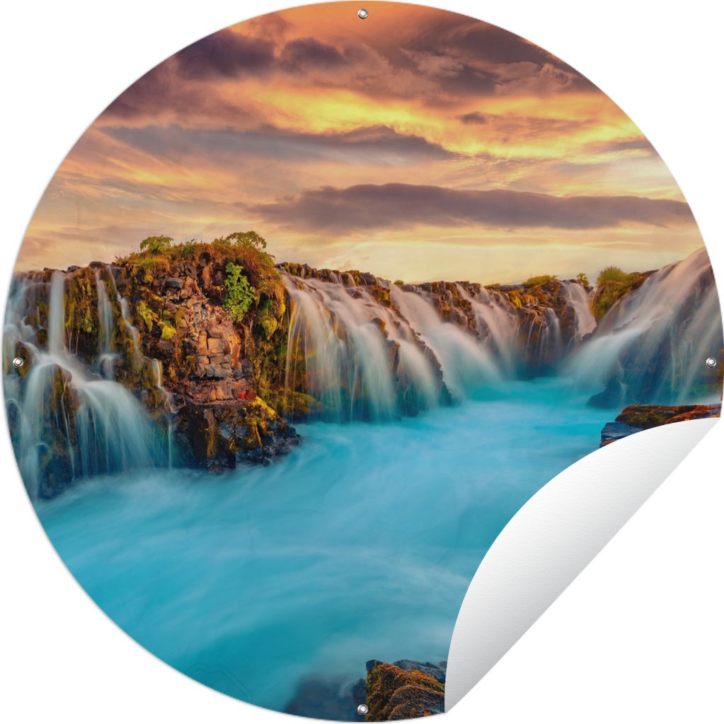 MuchoWow Gartenposter Outdoor-Poster Rund Wasserfall - Landschaft - Wolken - Natur Ø 90 cm Gartendeko Rundes Poster draußen
