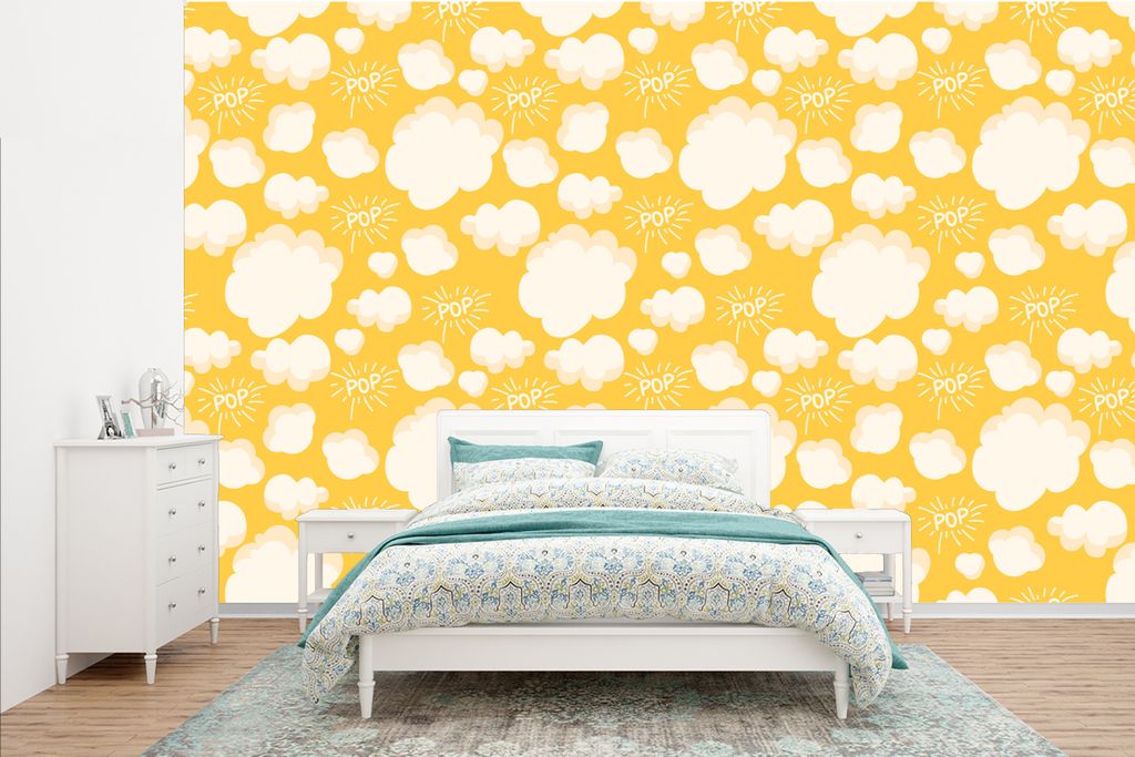 MuchoWow Fototapete für Wohnzimmer oder Schlafzimmer Wandtapete Vinyl Motivtapete Popcorn - Zitate - Muster - Pop - 385x240 cm - Schlafzimmer-Ta...